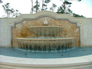 Incredible stone outdoor water fountains here it shows a Main Entry Water Feature With Cast Stone Bowls, Caps & Trims